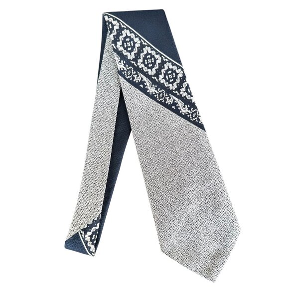 Vintage Wide Mens Tie Navy Gray Floral Geometric Stripe 56in x 4in Mid Century - Picture 1 of 5